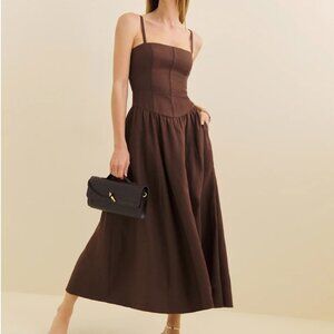 Reformation Katarin Linen Brown Spaghetti Strap Midi Dress